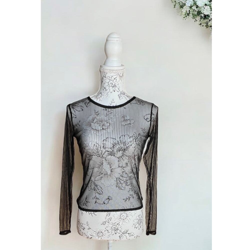 Kendall & Kylie Long Sleeve Striped Black Mesh Top Small